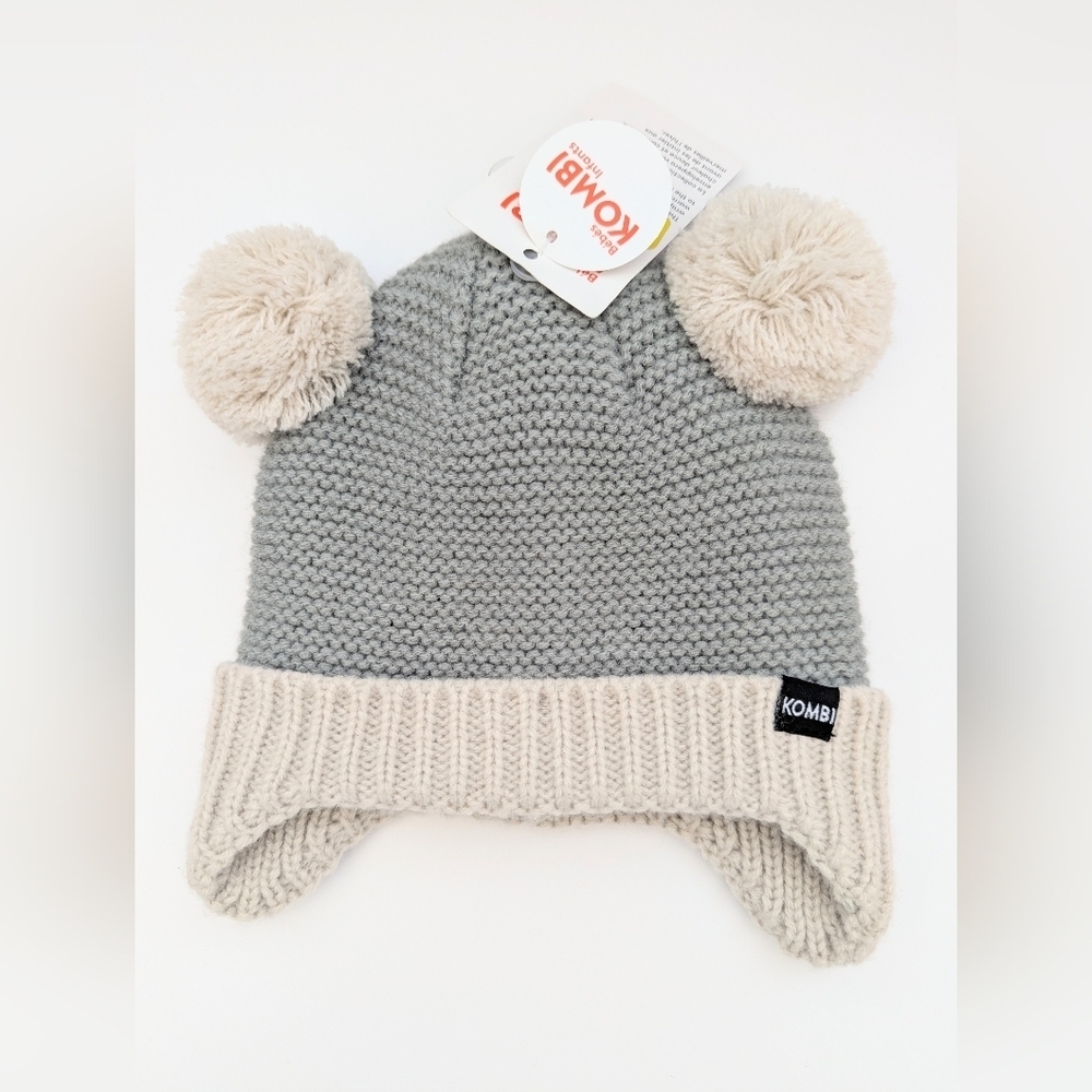 NWT Kombi Baby (0-3 Months) Knit Fleece-Lined Pom-Pom Hat w/Ear Flaps